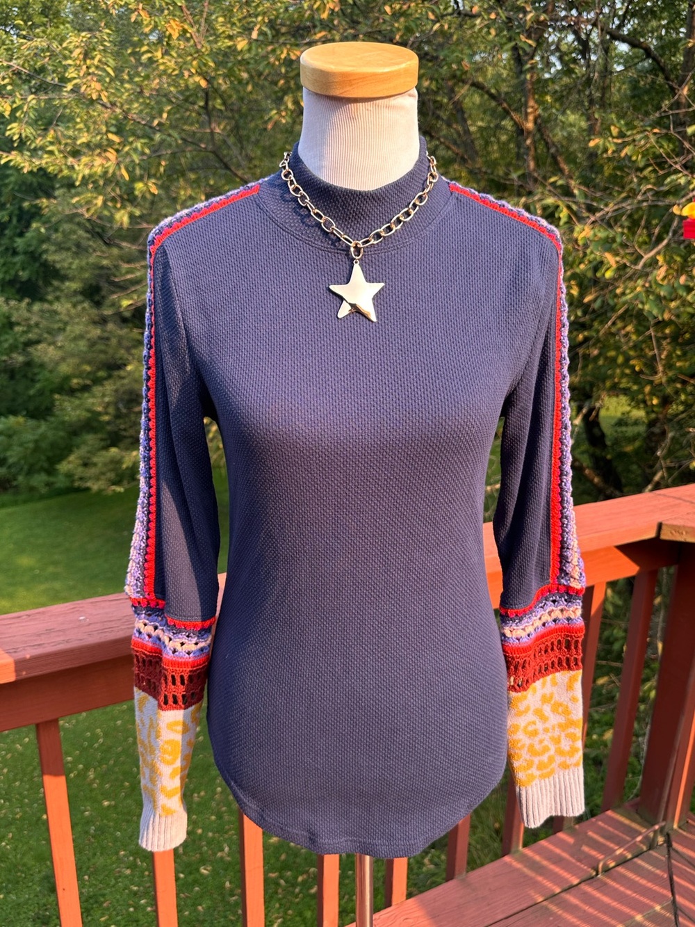 Free People Navy Thermal Long-Sleeve Knit Top Crochet Sleeves Mockneck